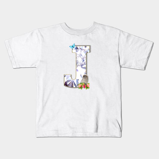 Name Initial Letter J and Baby Owl Kids T-Shirt by KC Morcom aka KCM Gems n Bling aka KCM Inspirations